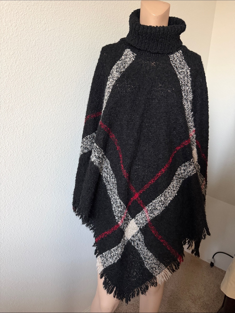 Black Turtleneck Plaid-Accent Poncho Sweater